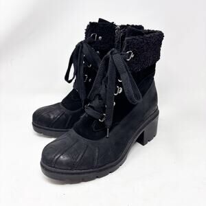 Blondo Duck Boots Size 7 Waterproof Black Leather Shearling Top Side Zip Lace Up